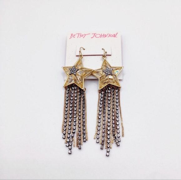 Betsey Johnson Gold Tone Celestial Punk Crystal Star Fringe Rhinestone Earrings - Picture 2 of 5
